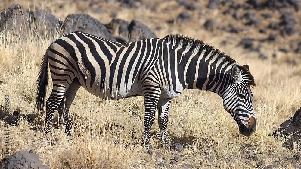 Obraz premium Zebra grazing in dry, rocky grassland.