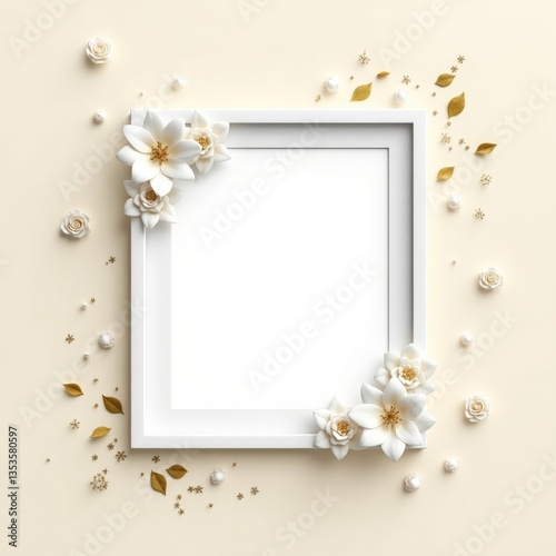 Elegantly adorned white frame surrounded by delicate flowers and shimmering pearls