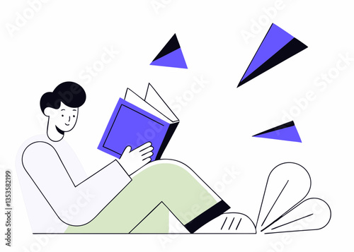 A boy reading a book and brain storming new ideas