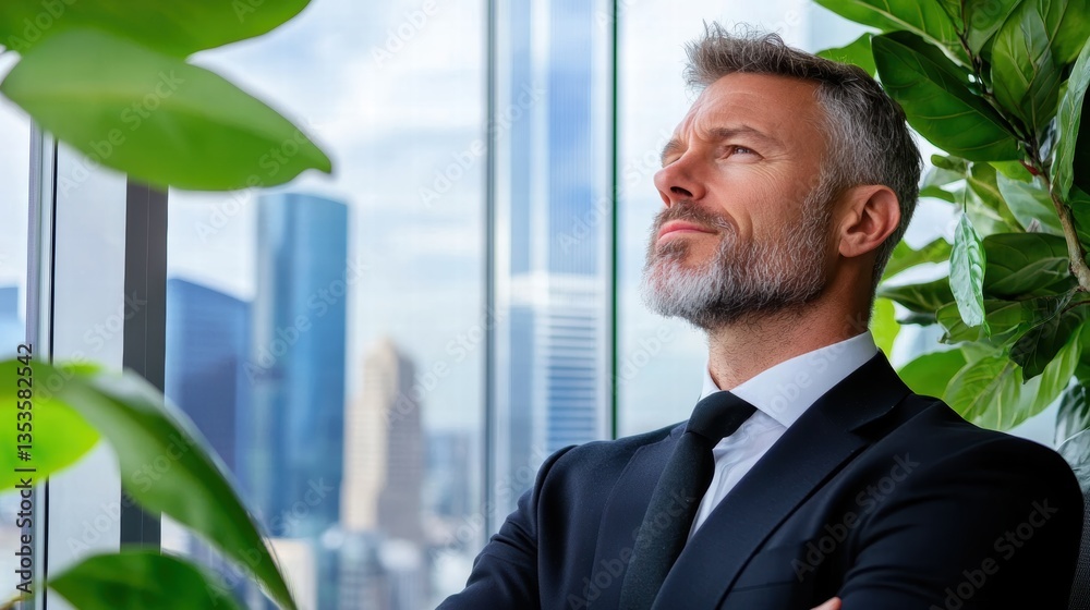 Man in a suit gazing thoughtfully out of a window while reflecting on opportunities and challenges ahead Man in a suit gazing thoughtfully out of a window while reflecting on opportunities and challenges ahead