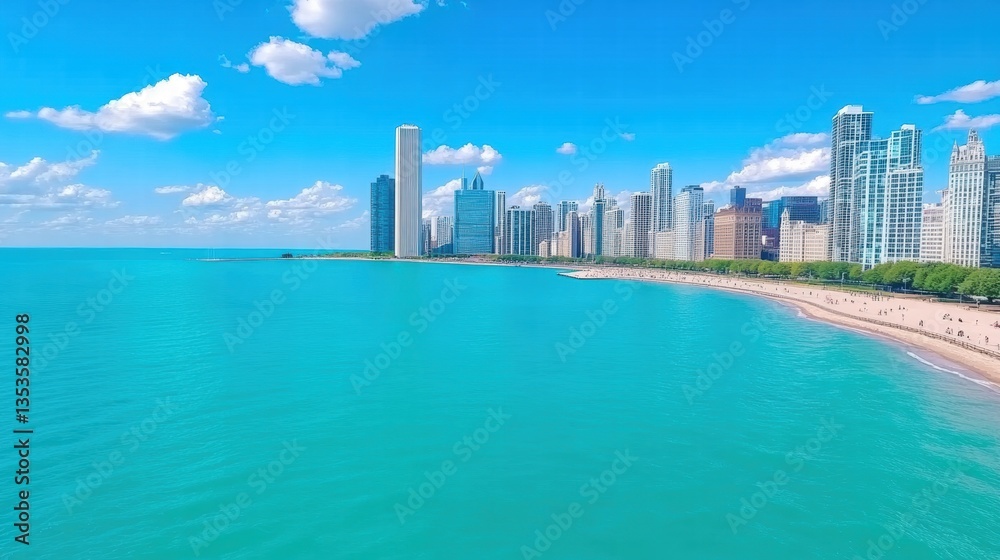 Fototapeta premium A stunning aerial view of a majestic city skyline captured from a drone in the early morning light