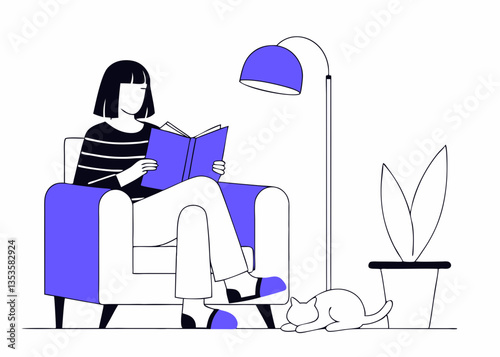A person is enjoying a moment of quietude, nestled in a cozy armchair with a captivating book in hand, accompanied by a playful feline friend, creating a serene indoor scene