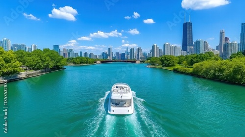Iconic boat navigating the historic chicago river with stunning architecture and city lights reflected in the water