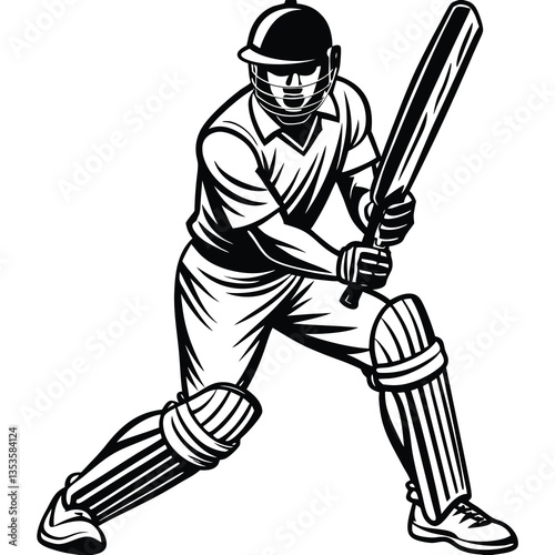This image shows a silhouette of a cricket batsman in the middle of a powerful shot, depicting sportsmanship, accuracy, and focus, stylized in an elegant black and white design