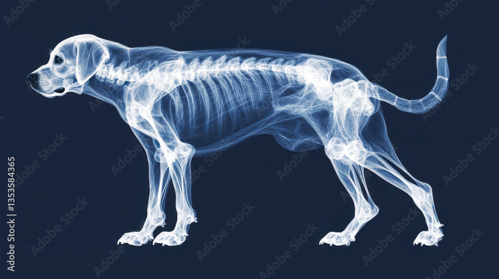 Fototapeta premium X ray image of canine skeleton, showcasing intricate bone structure and anatomy of dog, highlighting its health and physical condition