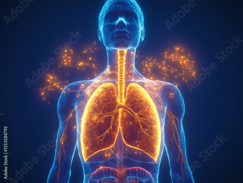 Illuminated schematic diagram of human lungs and respiratory system