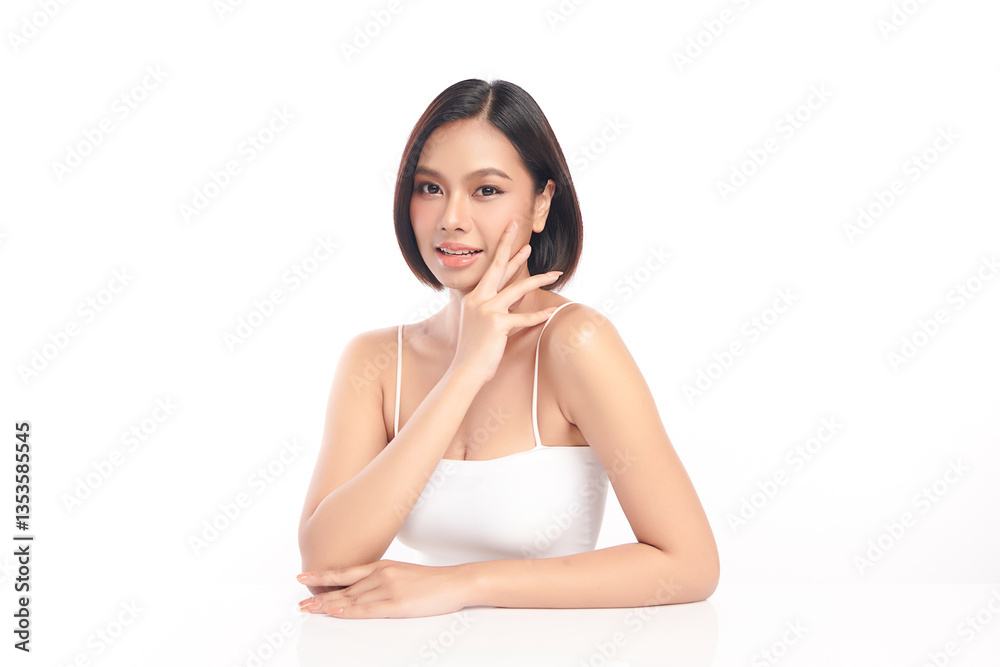 A beautiful young Asian woman with clean, fresh skin against a white background. Skincare, facial treatment, cosmetology, beauty, and spa. An elegant portrait of an Asian woman. A beautiful young Asian woman with clean, fresh skin against a white background. Skincare, facial treatment, cosmetology, beauty, and spa. An elegant portrait of an Asian woman.