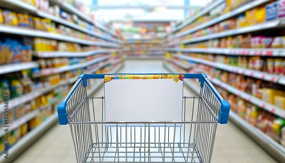 A shopping cart sits in a supermarket store aisle blurred out A shopping cart sits in a supermarket store aisle blurred out