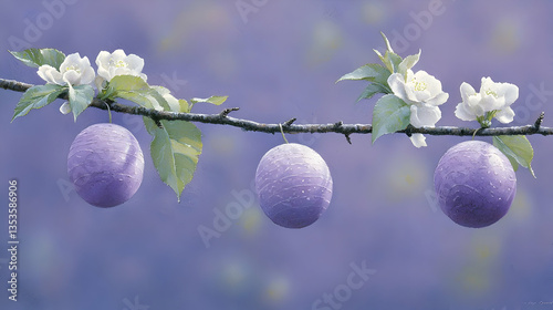 Three plums hanging from a blossoming branch, spring garden background, nature illustration