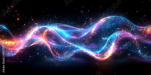 Wavy flowing abstract lines of light and shining particles on dark background