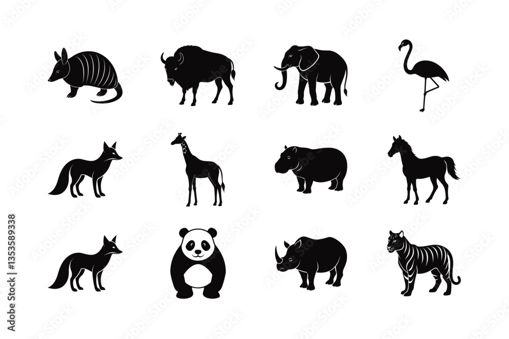 Fototapeta premium Black silhouette vector set of wild animals, including fox, tiger, panda, giraffe, elephant, and more, isolated on white background.