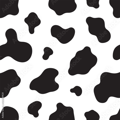 Dalmatian seamless pattern, animal print with skin spot texture. Absract shapes design dog or cow black spots on white background for fibres and textile. Simple endless leather backdrop. 