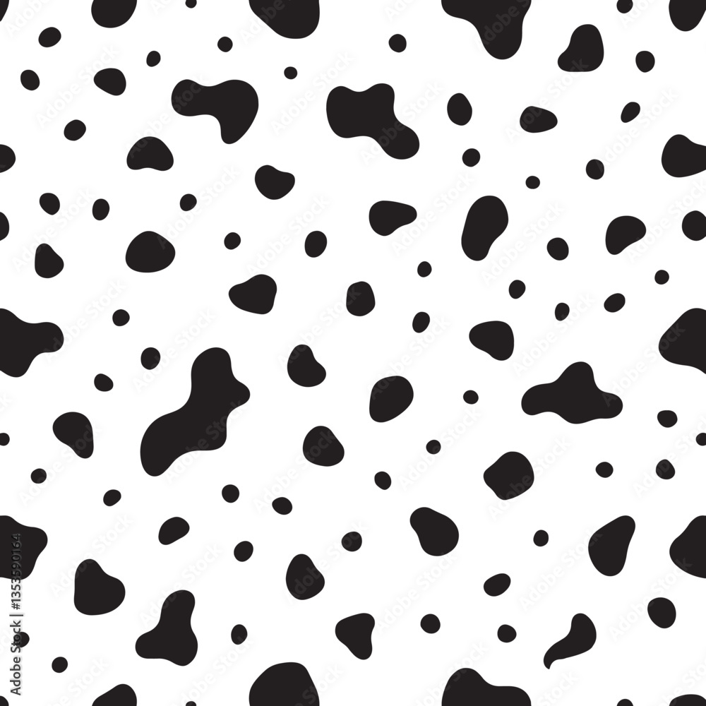 Fototapeta premium Dalmatian seamless pattern, animal print with skin spot texture. Absract shapes design dog or cow black spots on white background for fibres and textile. Simple endless leather backdrop.