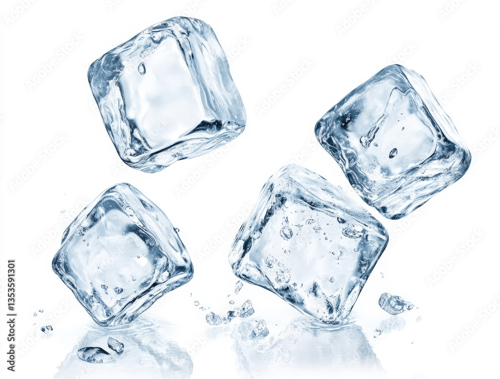 Four Crystal Clear Ice Cubes Falling in Slow Motion Isolated on White Background Four Crystal Clear Ice Cubes Falling in Slow Motion Isolated on White Background