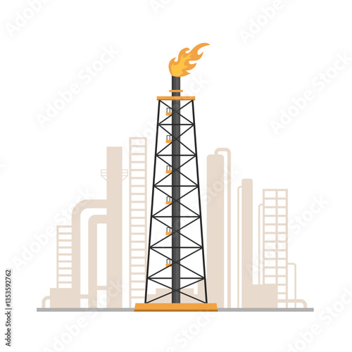 Gas flare tower illustration. Oil and gas refinery