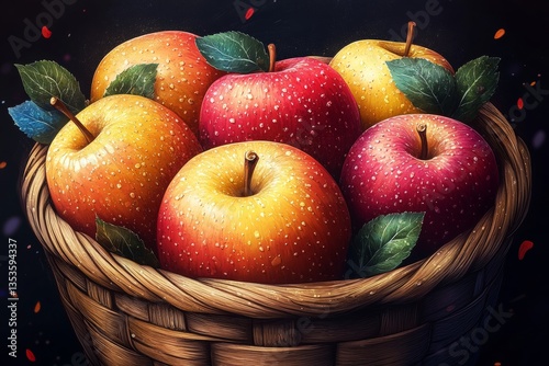 Wicker apple basket filled with shiny, golden-red apples and green leaves, background deep black with scattered red petals. Concept of warm apple basket highlighting vibrant fruits.