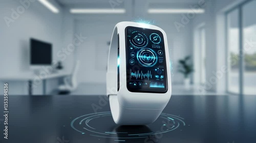 Futuristic Smartwatch Rotating Displaying Health Data in Modern Office