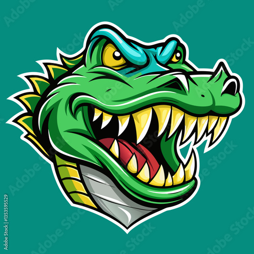 A fun green cartoon crocodile head, like a friendly reptile or dino dragon mascot, shows its teeth in a wild animal illustration, cartoon, crocodile, green, reptile, mascot, animal, illustration, head