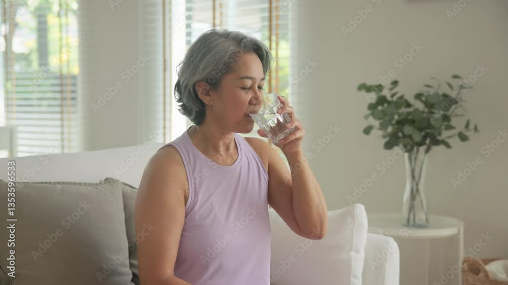 Asia adult aged people middle age happy old woman smile drink vitamin d c e k zinc omega 3 fish oil water pill reduce hot flash dry skin health care sit at home sofa elder aging asian. Take diet food.