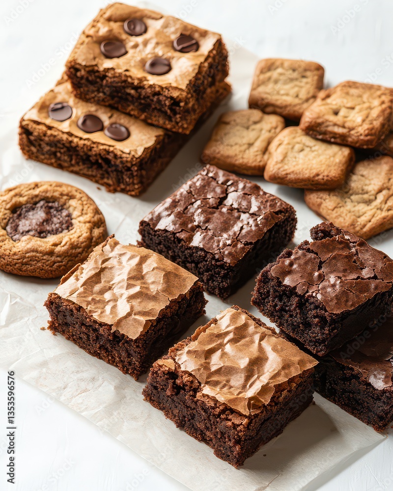 Assorted baked goods including brownies and cookies arranged on parchment paper Assorted baked goods including brownies and cookies arranged on parchment paper