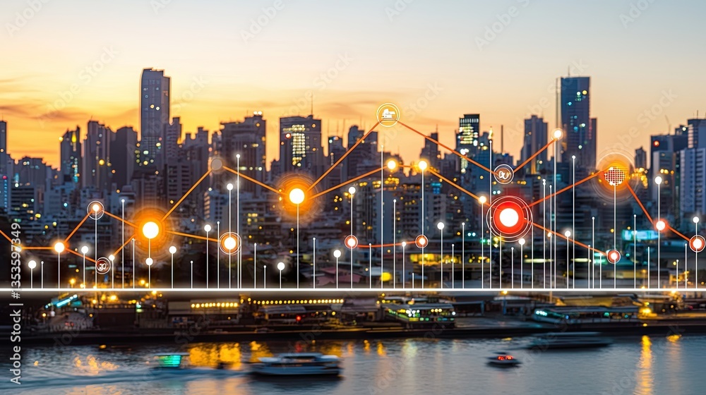 Fototapeta premium Night cityscape with data overlay, showing city growth. Suitable for presentations, business reports, or stock photos
