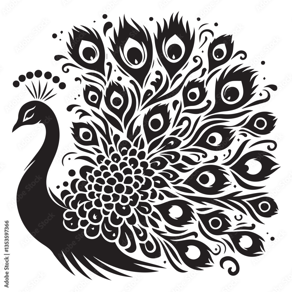 Peacock silhouette black and white vector icon