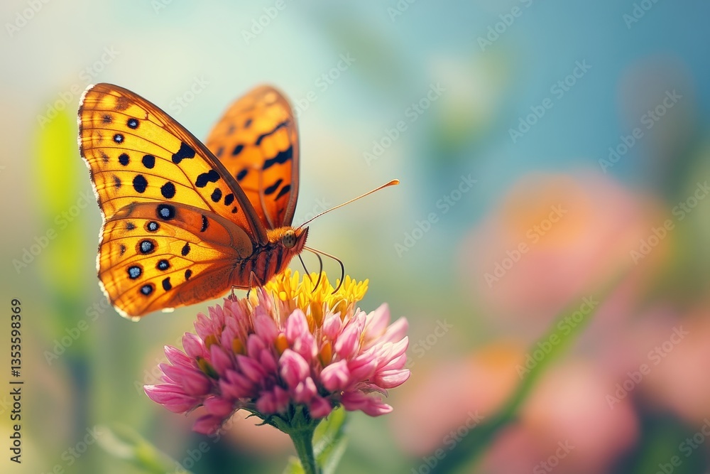 Fototapeta premium Small butterfly on flower, orange and black with intricate patterns, resting on pink petals. Concept of butterfly on flower showcases delicacy of insects in dreamy setting.