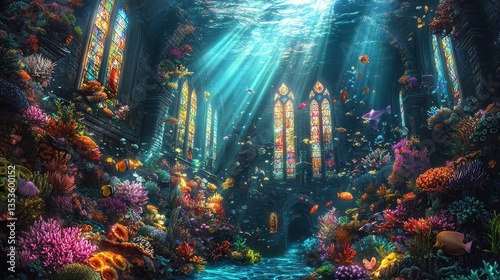 A fantastical underwater cathedral filled with sea life and coral reefs