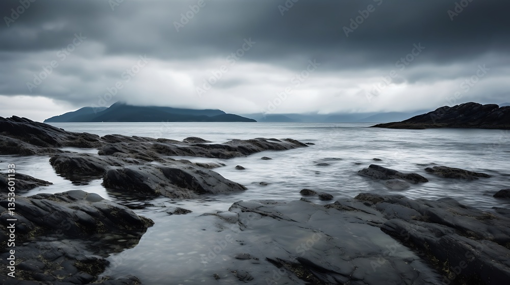 Fototapeta premium Dark Rocks Meet Calm Sea Under Stormy Skies