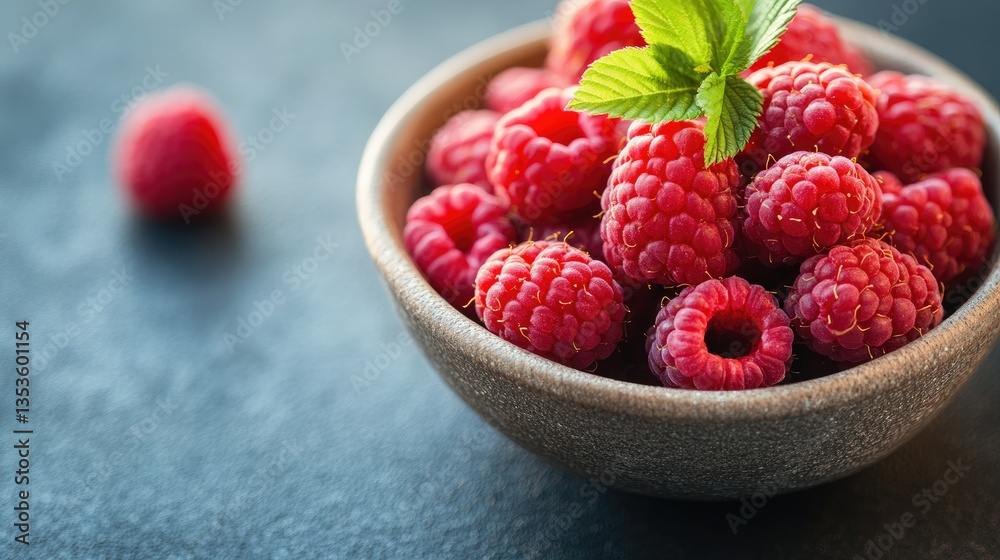 Fresh and Juicy Raspberries with Mint Leaves in a Bowl Fresh and Juicy Raspberries with Mint Leaves in a Bowl