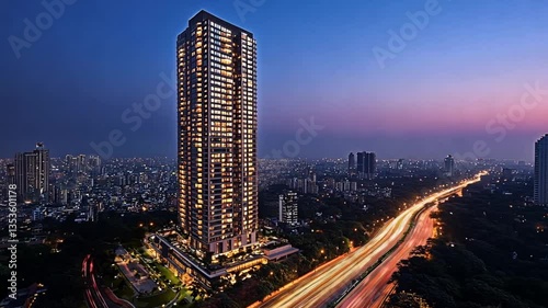 Modern skyscraper, twilight cityscape,  Mumbai.  Aerial view, urban residential high rise