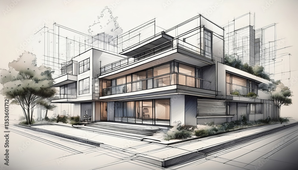 architectural sketch illustration of a modern residential real estate building architectural sketch illustration of a modern residential real estate building