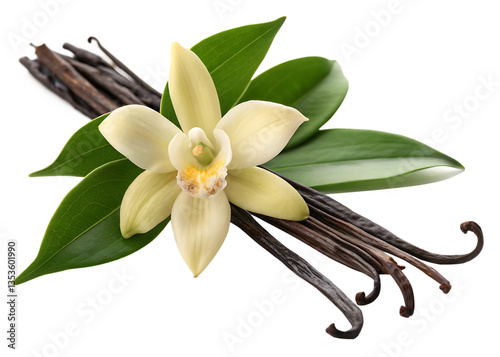 Vanilla Flower with Pods and Green Leaves Isolated on White Background