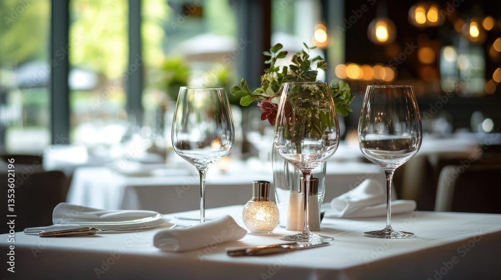 Elegant Dining Table Set for Romantic Dinner in Upscale Restaurant Elegant Dining Table Set for Romantic Dinner in Upscale Restaurant