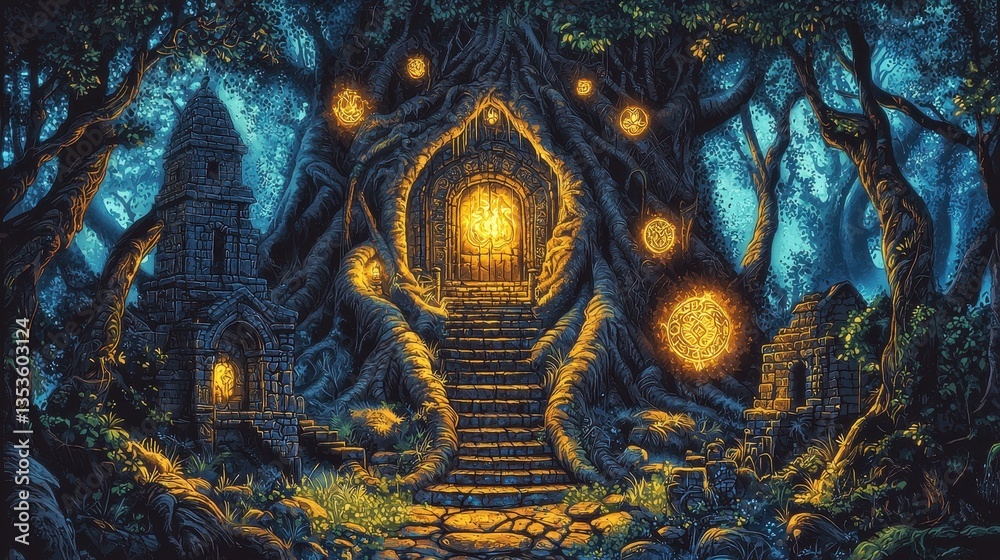 Fototapeta premium A mystical forest scene with a glowing tree portal and structures