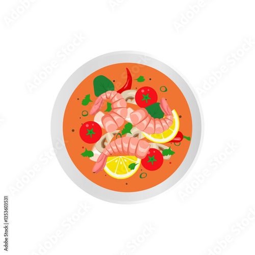 tom yam kung asian soup with prawns and lemon  mushrooms, thai food in  bowl top view vector illustration