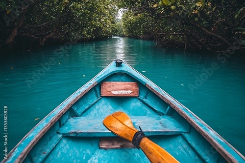 A small blue boat navigates through a waterway with green trees