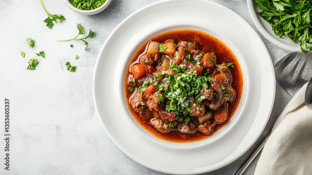 Hearty Beef Stew with Fresh Herbs and Vegetables in White Bowl Hearty Beef Stew with Fresh Herbs and Vegetables in White Bowl