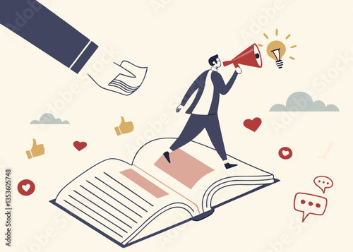 Storytelling communicate brand story or idea to listener, narrative message, content or article writing or advertising creativity concept, young man on opening book telling story on megaphone.
