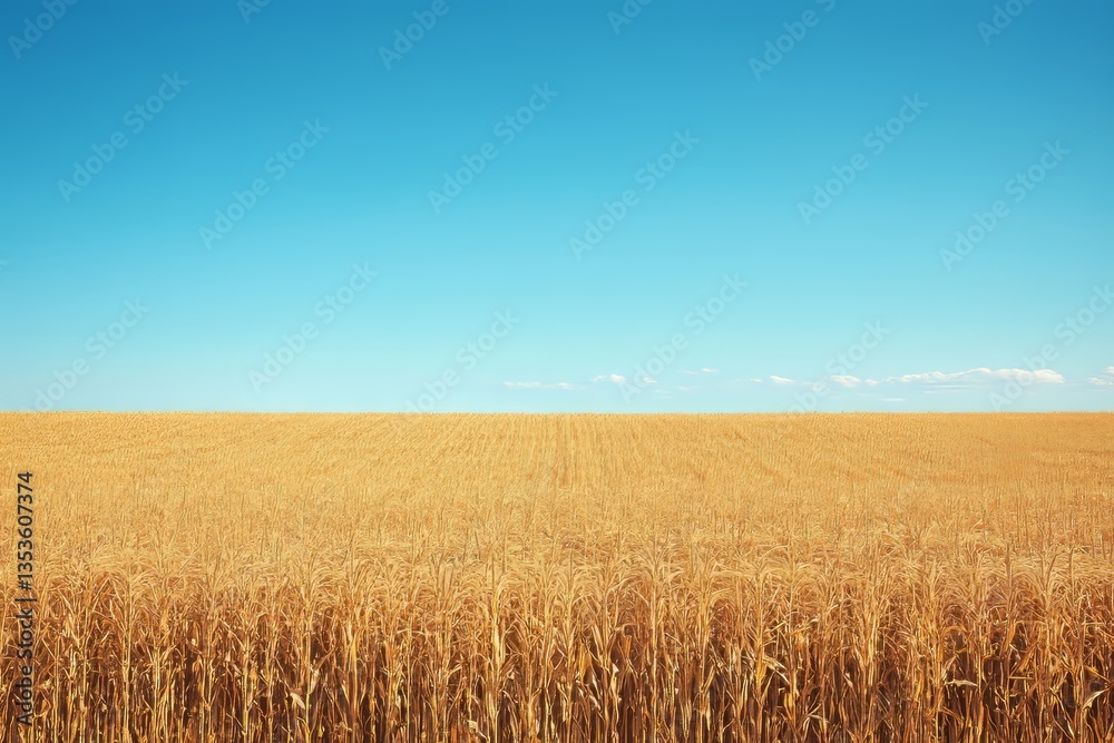 Bright blue sky, fluffy clouds over vibrant corn field, sun shining on golden stalks. Concept of harmony, beauty in corn field, representing farming and tranquility. Bright blue sky, fluffy clouds over vibrant corn field, sun shining on golden stalks. Concept of harmony, beauty in corn field, representing farming and tranquility.