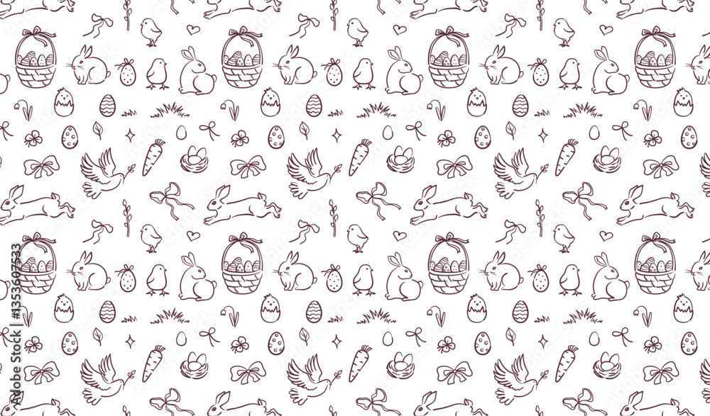 Easter seamless pattern with hand drawings. Festive pattern. Pattern of sketches with Easter elements. Easter seamless pattern with hand drawings. Festive pattern. Pattern of sketches with Easter elements.