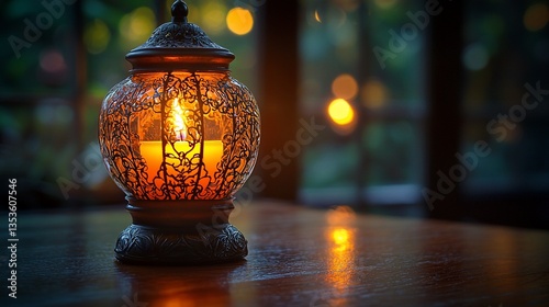 Illuminated candle lantern on wooden table.