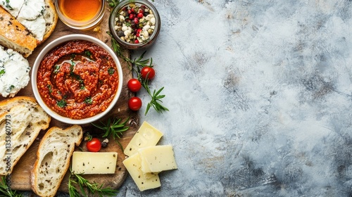 Wallpaper Mural Delicious Appetizer Spread with Cheese, Bread, and Sauces on Wooden Board Torontodigital.ca