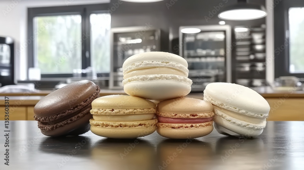 Obraz premium A colorful assortment of macarons displayed on a table in a modern kitchen