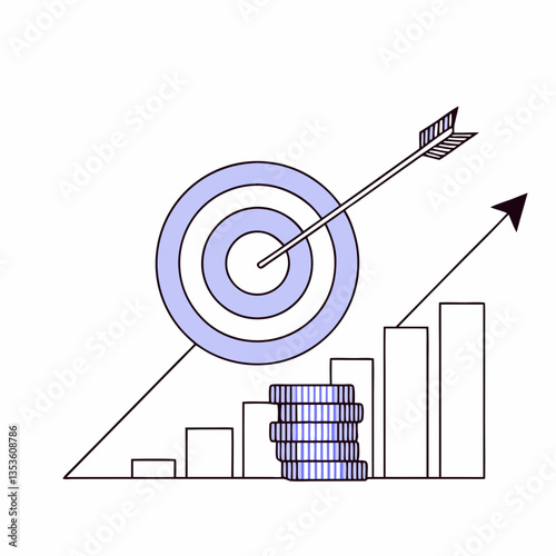 Financial Goal Achievement- Bullseye target with arrow hitting center, placed over a stack of coins or upward chart.