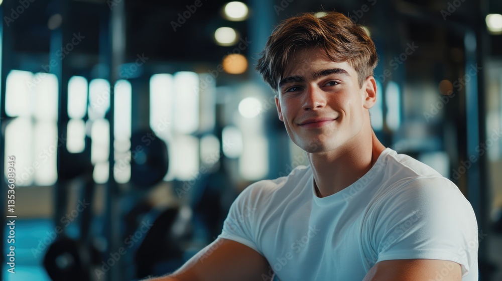 Young man smiling confidently in a gym, showcasing fitness equipment and bright natural light in the background