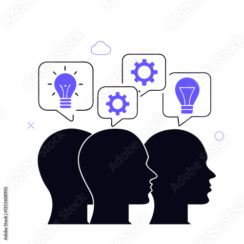 Team Collaboration Brainstorm- Multiple head silhouettes with shared thought bubbles containing lightbulbs, gears, and chat icons.