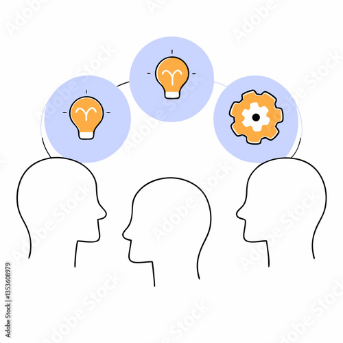 Team Collaboration Brainstorm- Multiple head silhouettes with shared thought bubbles containing lightbulbs, gears, and chat icons.