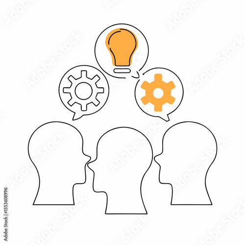 Team Collaboration Brainstorm- Multiple head silhouettes with shared thought bubbles containing lightbulbs, gears, and chat icons.