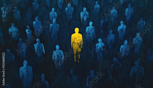 A single, luminous figure stands out amidst a sea of similar figures
